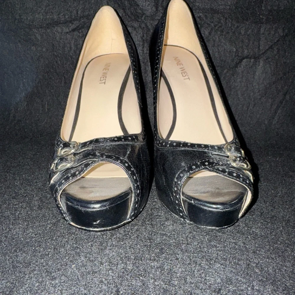 Nine West Black Leather Hidden Platform Stiletto Peeptoe Pump Shoes Heels Size 7